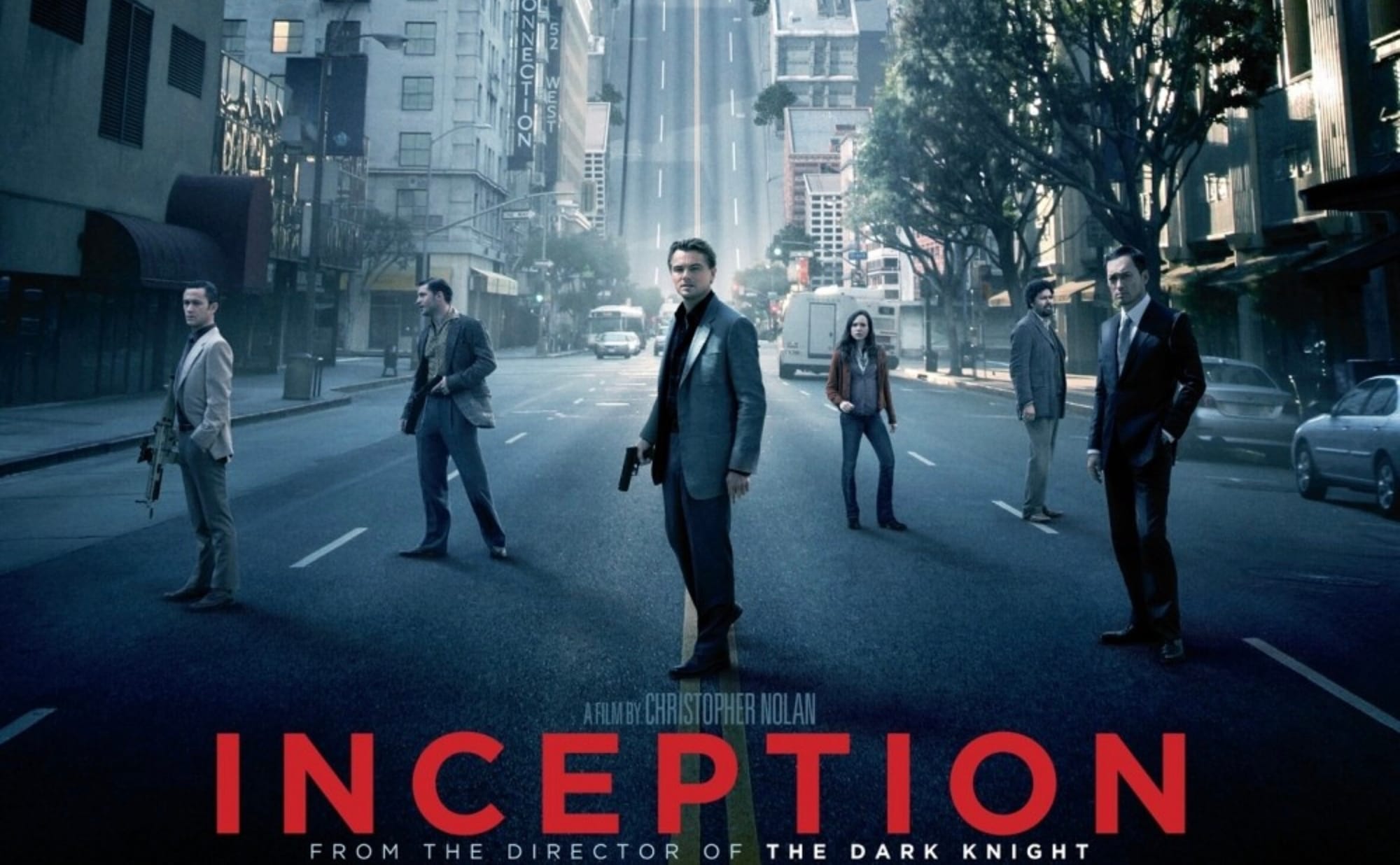 Inception filmi afişi, Leonardo DiCaprio'nun başrolünde olduğu rüya ve gerçeklik arasındaki karmaşık bir yolculuğu simgeliyor.