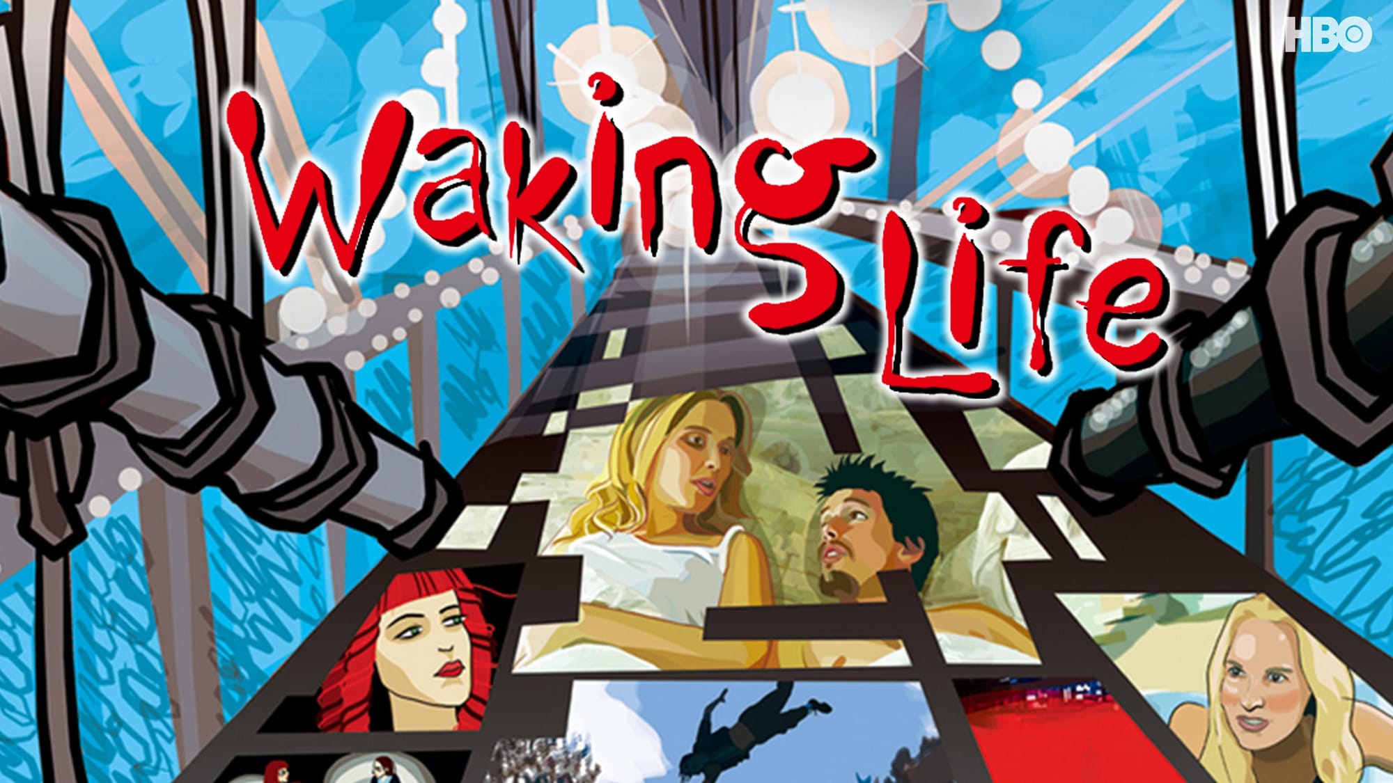 Waking Life filmi afişi, rüyalar ve uyanıklık arasındaki sınırları keşfeden felsefi bir animasyon.